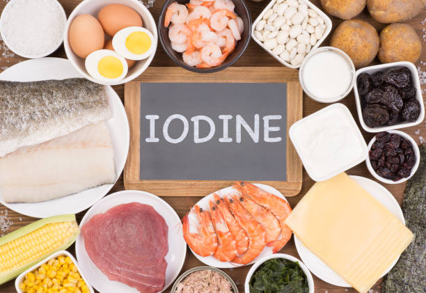 Food rich in iodine. Various natural sources of vitamins and micronutrients such as seafood, eggs, dairy and vegetables